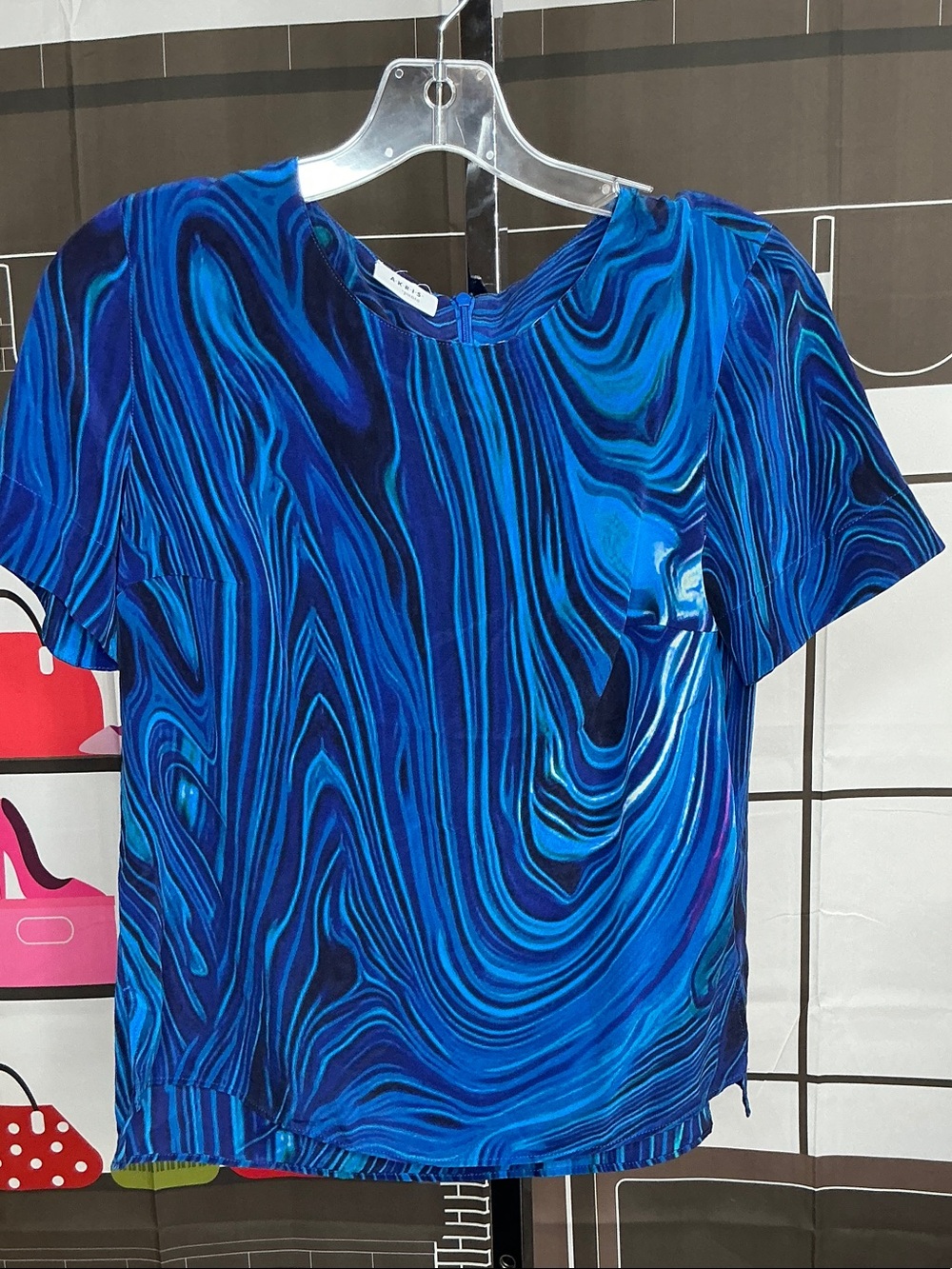Akris Punto Blue Swirl Short-Sleeve mulberry silk Blouse sz small #2292